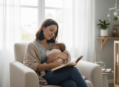 Mother and baby reading a book in a nursery