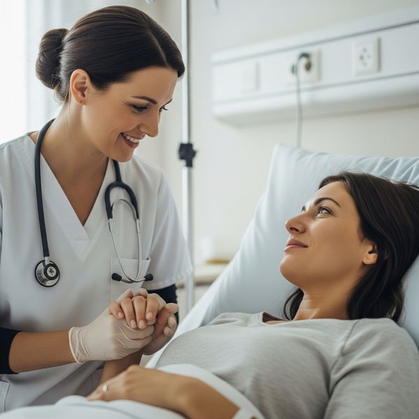 A woman receiving gentle care from a healthcare professional, illustrating personalized medical attention.