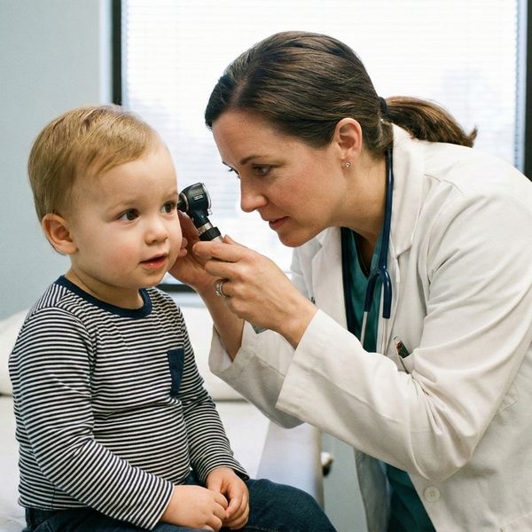 A friendly pediatrician examines a young child's ears
