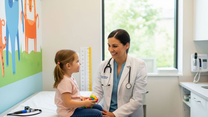 A pediatrician smiling at a child and parent in a clinic.