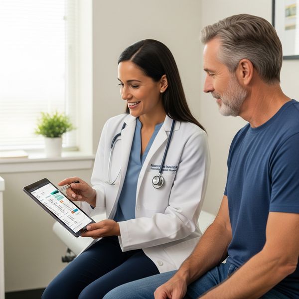 A doctor and patient discussing health records on a tablet, highlighting comprehensive health management. A doctor and patient discussing health records on a tablet, highlighting comprehensive health management.