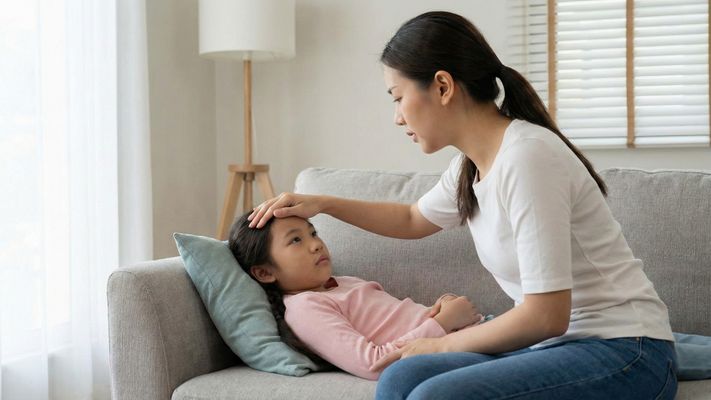 A mother gently checks the forehead of her sick daughter