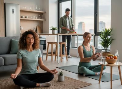 Two women meditate and do yoga with a tablet in a bright living room, while a man cooks in the modern kitchen nearby. Wellness activities at home: meditation, yoga, and healthy cooking