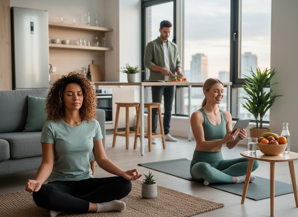 Wellness activities at home: meditation, yoga, and healthy cooking