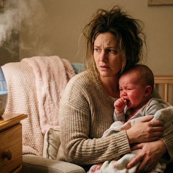 A worried parent holds a coughing baby