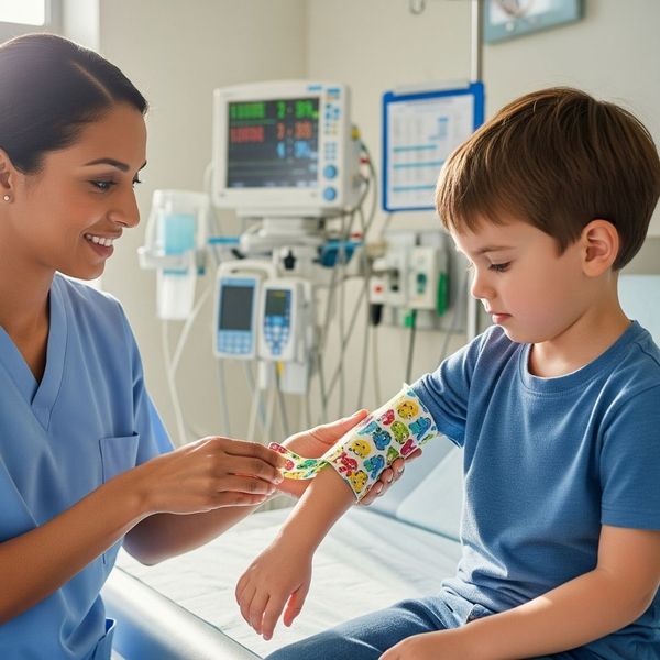 A nurse applies a bandage to a young child's arm. A nurse applies a bandage to a young child's arm.