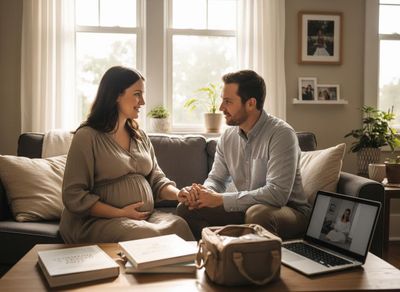Pregnant couple holding hands during virtual prenatal session
