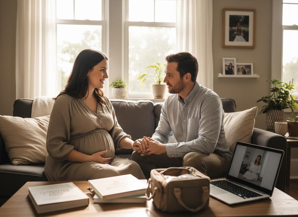 Pregnant couple holding hands during virtual prenatal session