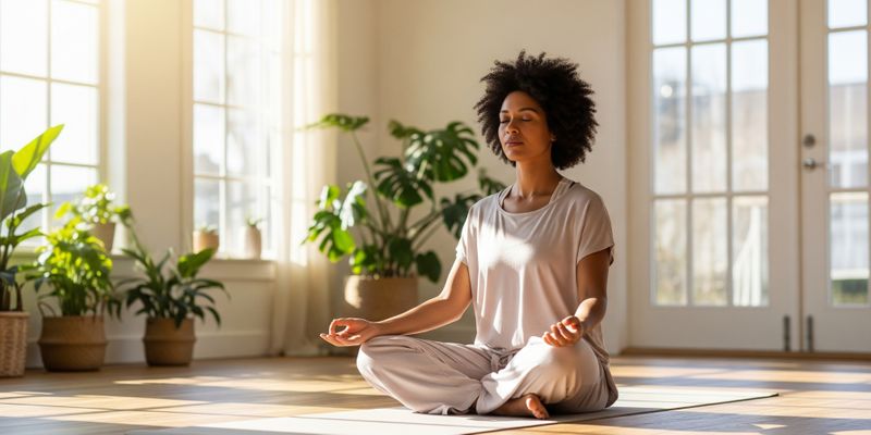 A serene image representing holistic women's health and wellbeing, with a woman meditating in a sun-drenched yoga studio.