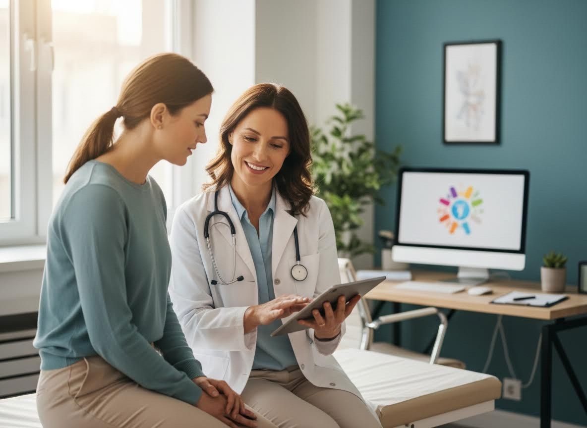 Female doctor and patient reviewing health information on a tablet
