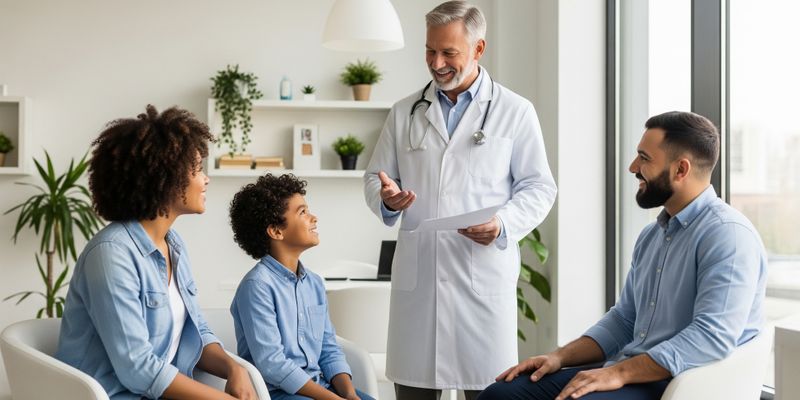 A diverse family interacting positively with a friendly family doctor in a modern clinic setting.