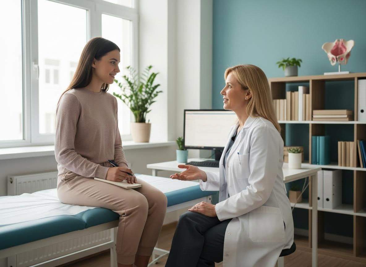 Female doctor consulting with a young patient