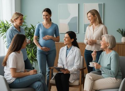 Six smiling women, including a pregnant woman and a doctor with a tablet, conversing in a bright, modern room. Diverse group of women discussing women's health with a doctor