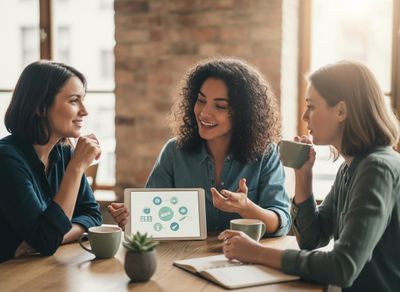 Diverse women collaborating and discussing data on a tablet