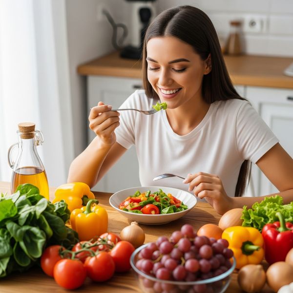 A woman enjoying a healthy meal, surrounded by fresh ingredients, emphasizing nutrition.