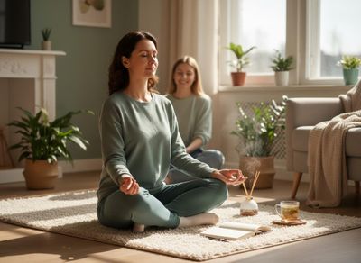 Two women meditating in a peaceful home setting