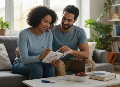 A smiling couple sits on a couch, with the woman writing in a notebook as the man points, suggesting shared planning or review. Happy couple planning or journaling together on a couch