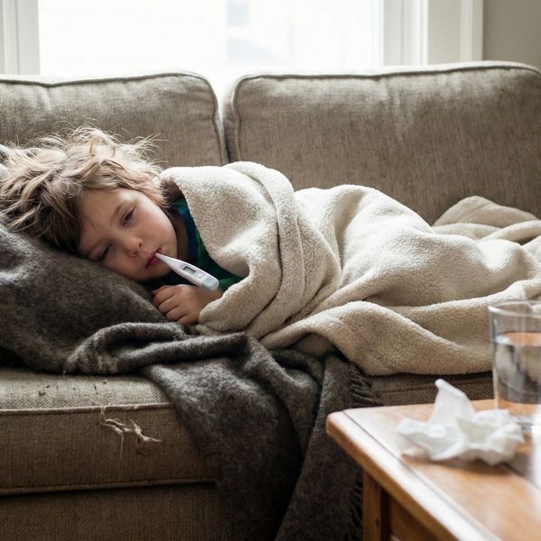 child wrapped in blankets rests on a couch with a thermometer
