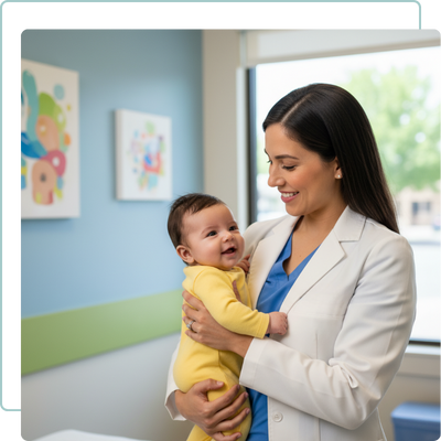 pediatric physician holding a newborn during a checkup