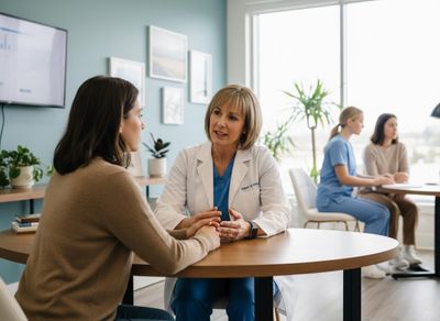 A female doctor in a white lab coat speaks to a female patient across a table. Other staff and patients are in the background. Doctor Consulting with a Patient in a Modern Medical Office