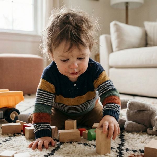 child with a runny nose plays with toys