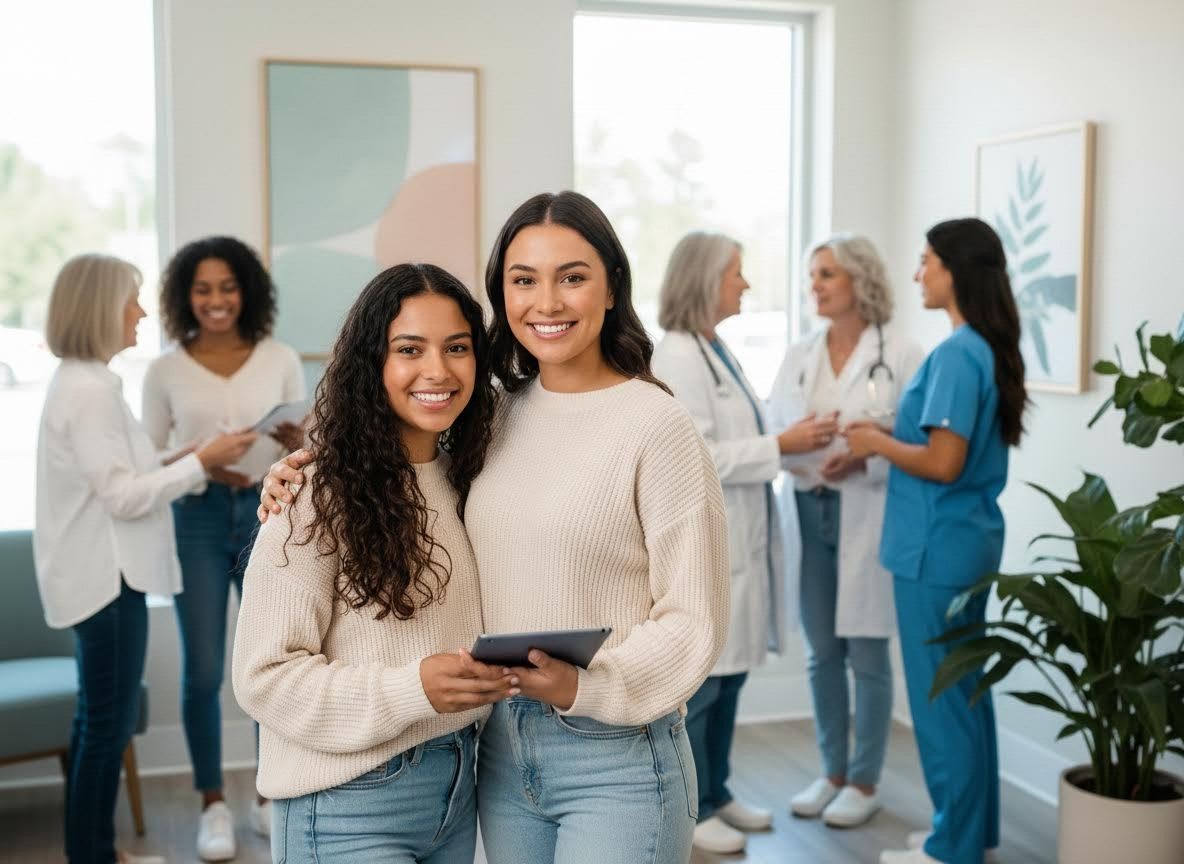 Smiling young women with tablet in a clinic