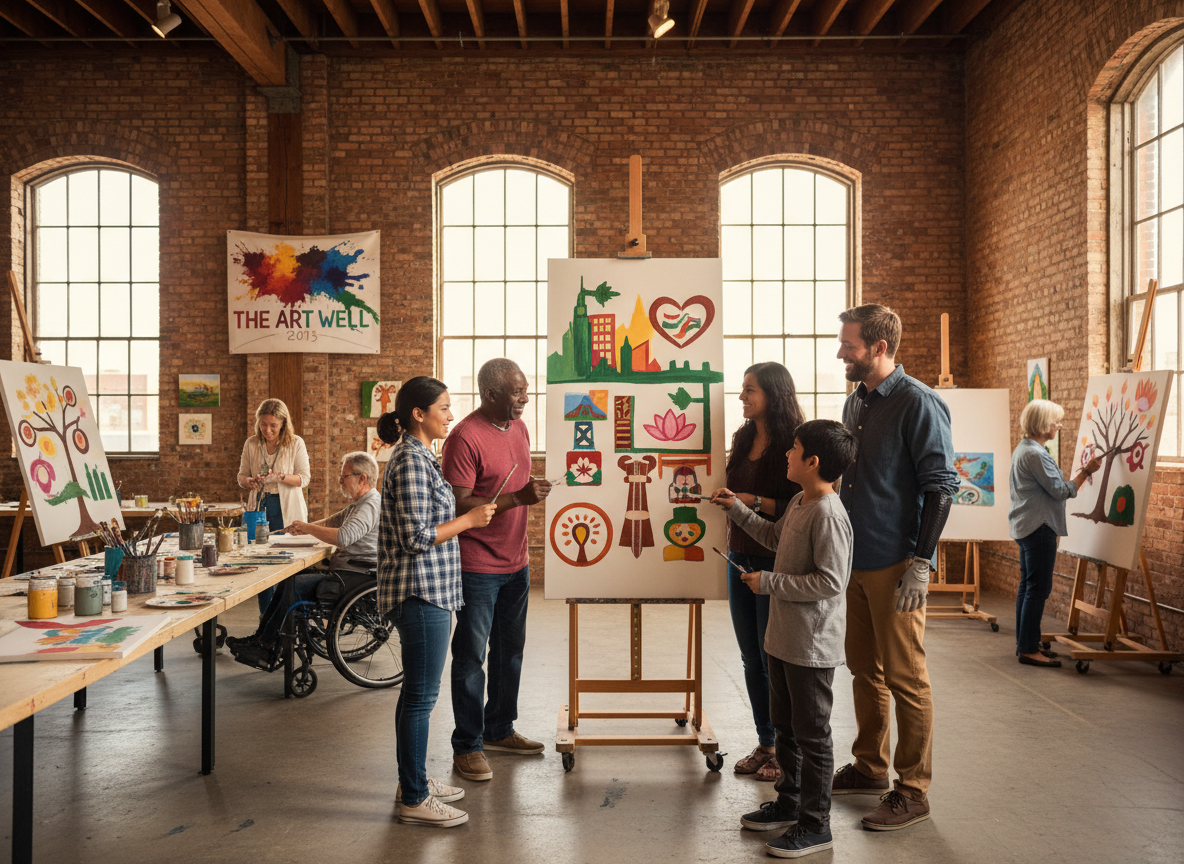 A vibrant art class with diverse participants of all ages and abilities painting together on easels in a spacious, sunlit brick studio. Diverse Group Creating Art in a Community Studio