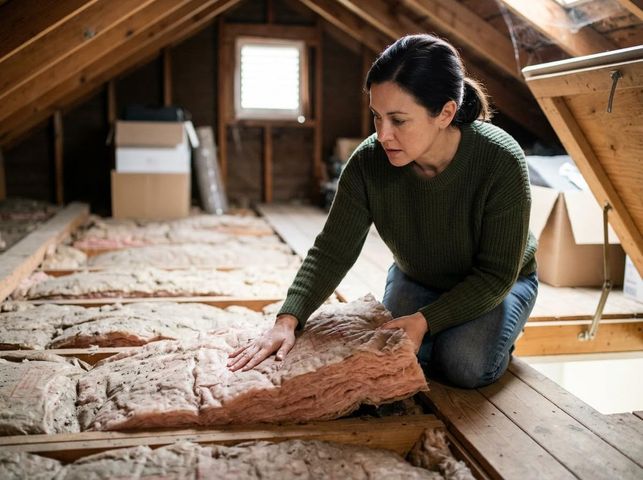 Woman Installing Attic Insulation