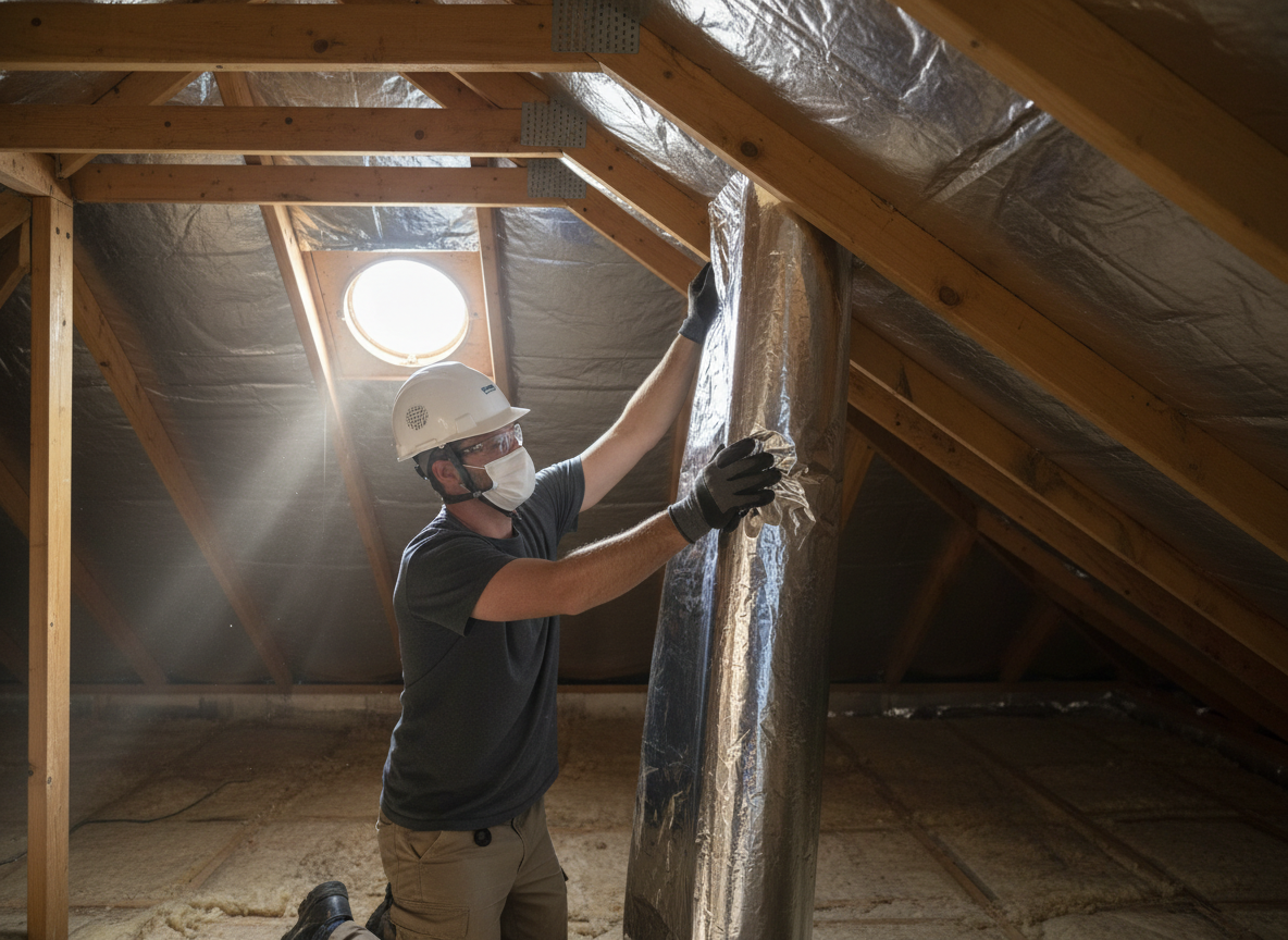 A man wearing a hard hat, safety glasses, and face mask kneels in an attic, installing insulation around a column near a skylight. Man installing insulation in an attic
