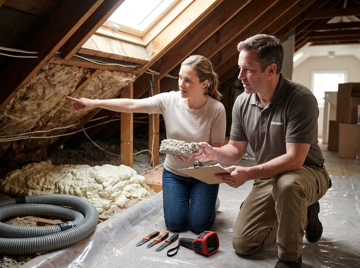 Homeowner and professional discussing attic insulation