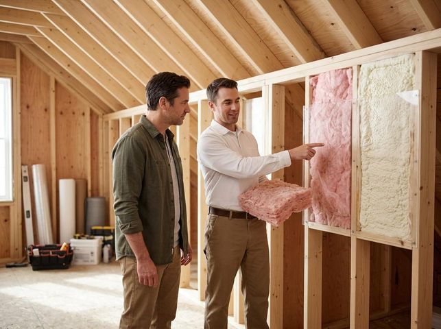 Two men discussing insulation types in a framed attic