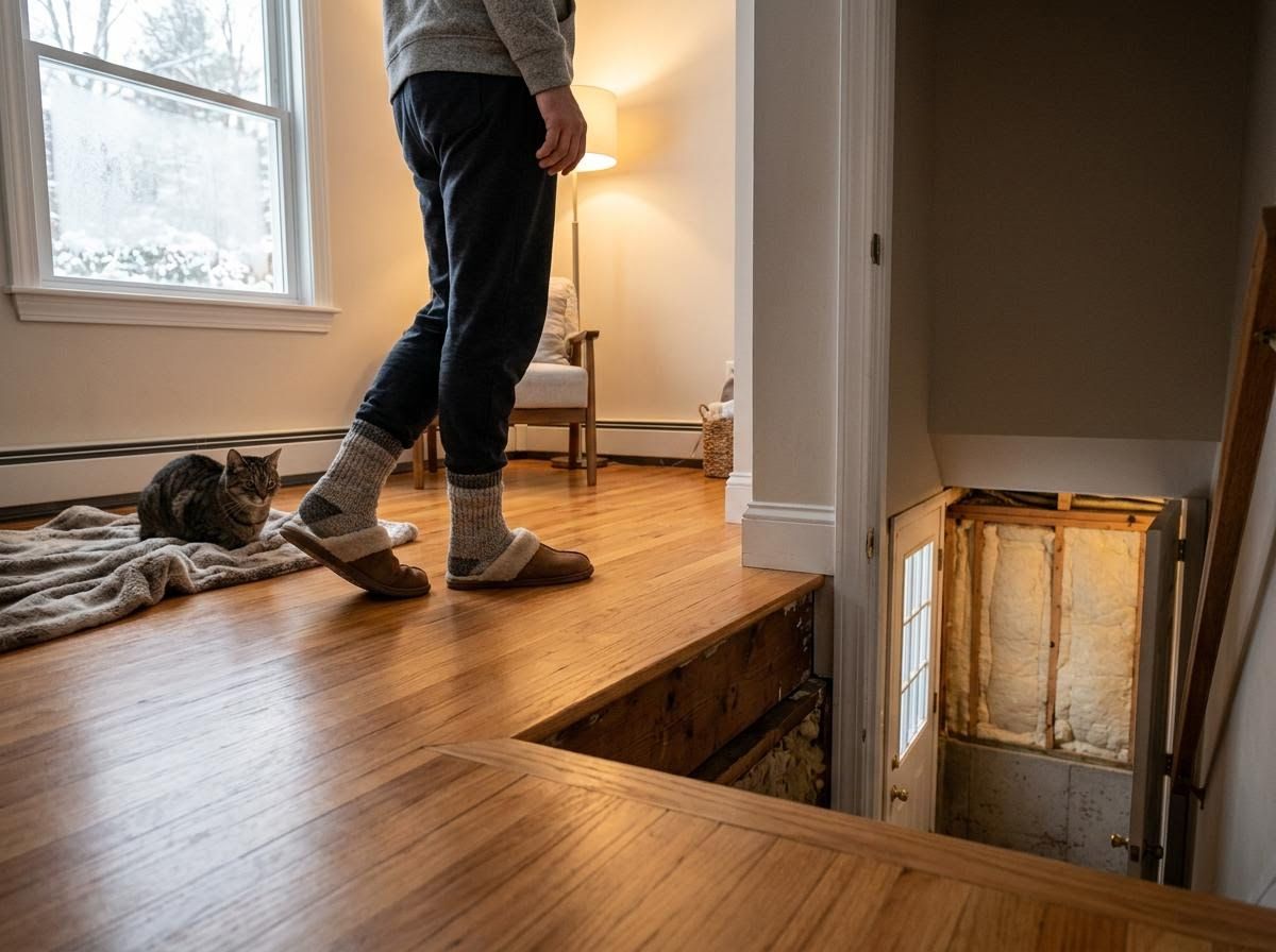 Person walking indoors in slippers, with cat and open basement