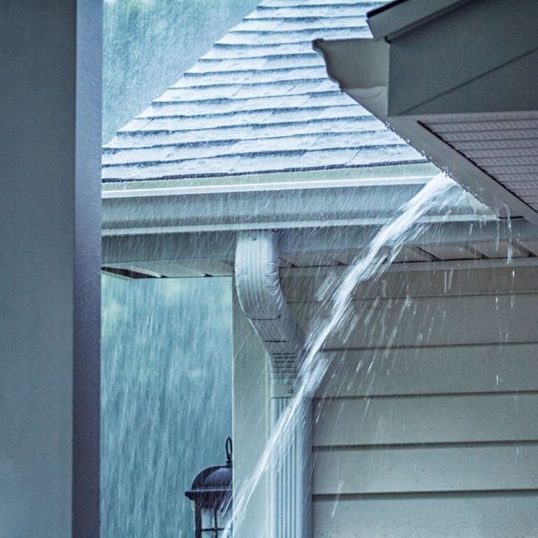 water pouring off roof