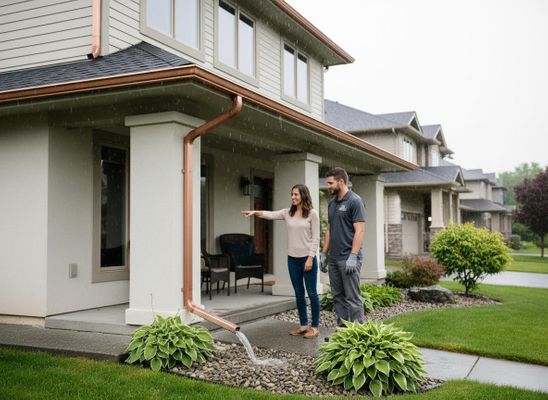 Woman and Gutter Professional Inspecting Copper Downspout During Rain