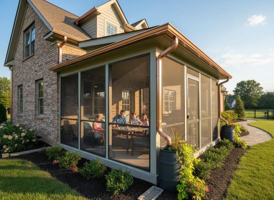 Screened-in porch with family playing board game