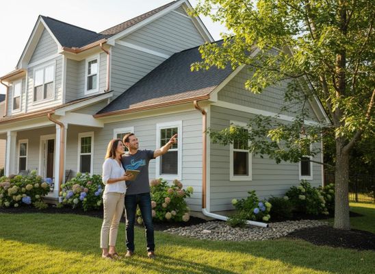 Couple inspecting their new home exterior