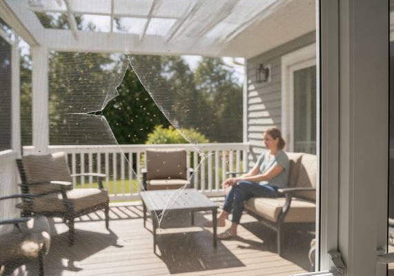 Damaged Screen Porch with Woman Relaxing