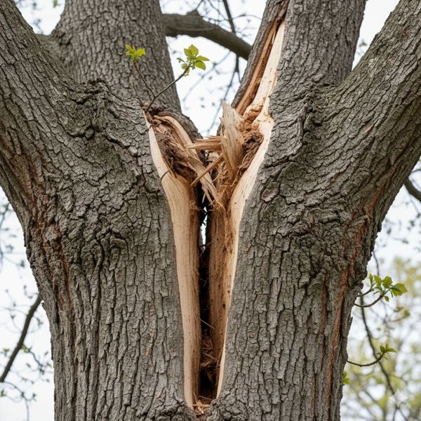 Close-up of a deep, 'V' shaped crack between two large tree limbs