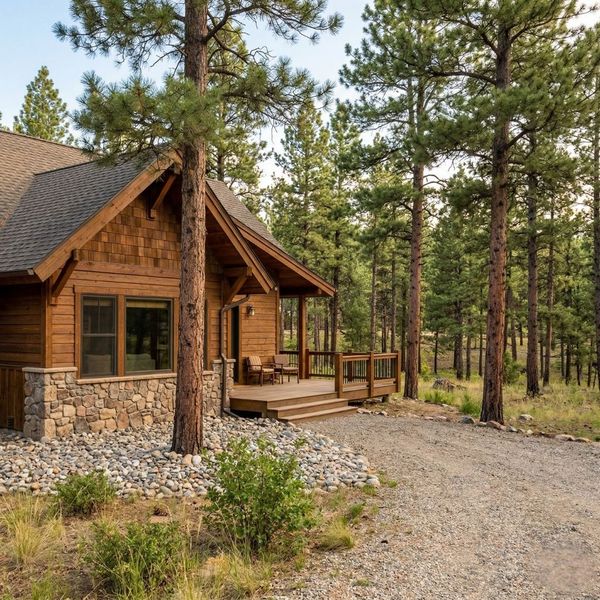 A rustic mountain home in Evergreen, CO, featuring a gravel driveway and a clear, well-maintained defensible space buffer between the structure and the surrounding pine forest.