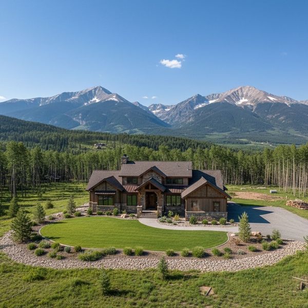 An aerial view of a luxurious mountain home nestled among pine and aspen trees, featuring a meticulously maintained, cleared defensible space around the property, with snow-capped mountains in the background under a clear blue sky. An aerial view of a luxurious mountain home nestled among pine and aspen trees, featuring a meticulously maintained, cleared defensible space around the property, with snow-capped mountains in the background under a clear blue sky.