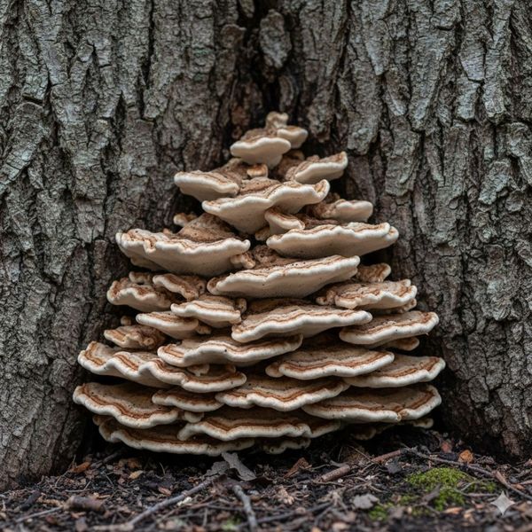 Cluster of white or brown fungus (conks) growing directly from the base of a tree trunk