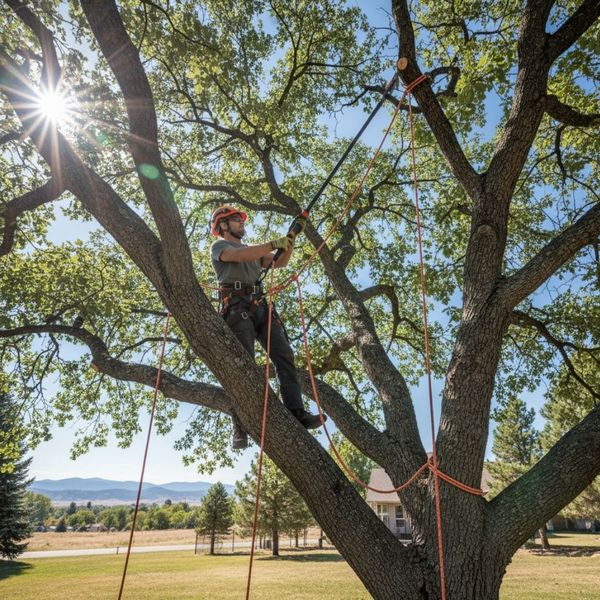 A professional arborist in full safety gear, including a helmet and harness, works high in a large, mature tree, adjusting ropes and pulleys for structural pruning. A professional arborist in full safety gear, including a helmet and harness, works high in a large, mature tree, adjusting ropes and pulleys for structural pruning.