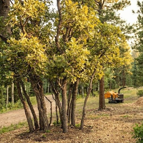 A wood chipper sits in a forest clearing next to a pile of wood chips, with a cluster of Gambel Oak trees in the foreground.
