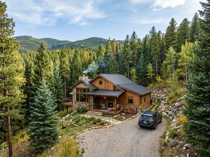 a house in Everygreen, Colorado, with trees around it
