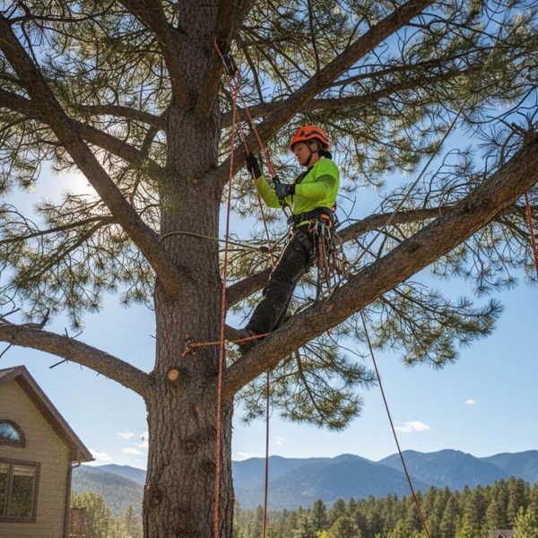 A tree care professional in a bright neon green shirt, orange helmet, and full safety gear is positioned high in a large pine tree, rigging ropes for a tree removal operation.