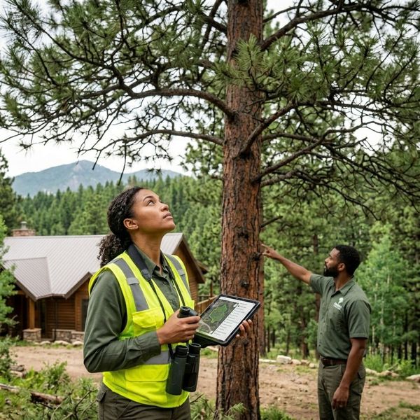 Two professional tree care specialists, one wearing a high-visibility safety vest and holding a tablet, performing a fire risk assessment on a property in a wooded mountain area.