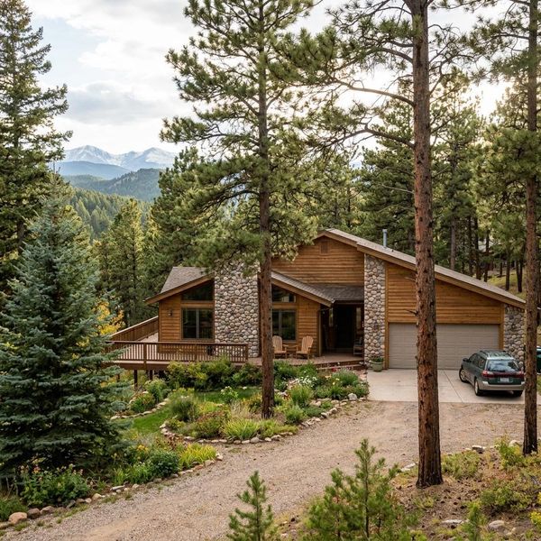 a house in Evergreen, Colorado, with trees around it