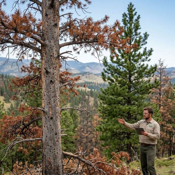A professional arborist in a tan work shirt using a tablet to assess a large, dead beetle-kill pine tree in a mountain landscape.