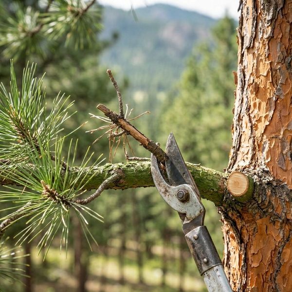 A close-up shot of professional pruning shears cutting a dead branch from a pine tree to improve tree health and reduce fire fuel.