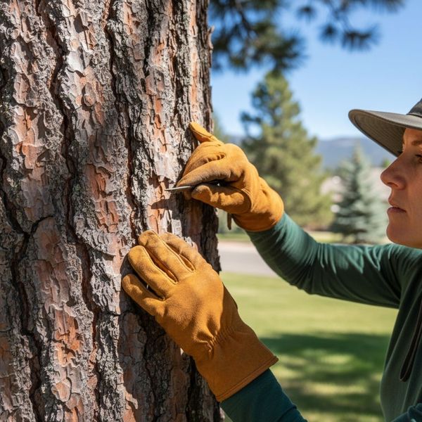 A professional arborist wearing work gloves and a wide-brimmed hat closely inspects the bark of a mature pine tree, looking for signs of disease or pests.
